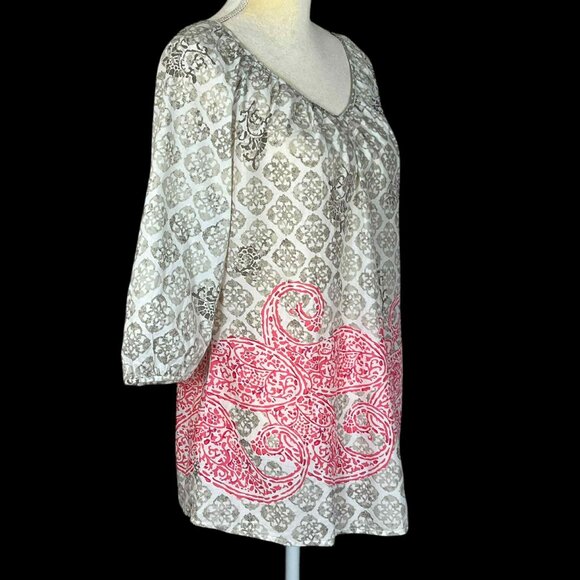 MERONA Women's Blouse 3/4 Sleeve Size Medium 100% Cotton‎ Tunic Gray Pink Casual - Picture 9 of 14